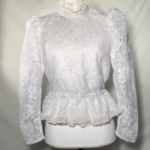 YOU BABES Prairie White Lace Lined high collar blouse
